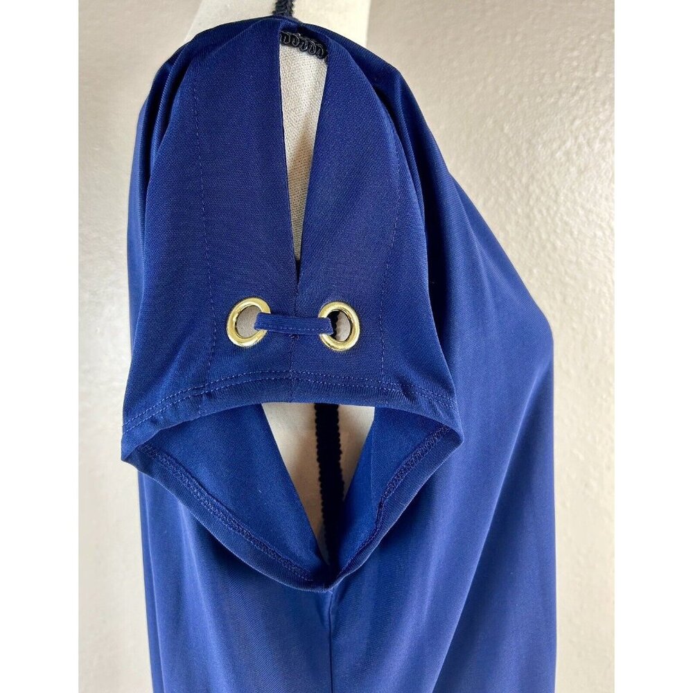 Luxology Cold Shoulder Short Sleeve Top Blouse Navy Blue Gold Ring Ruching L EUC